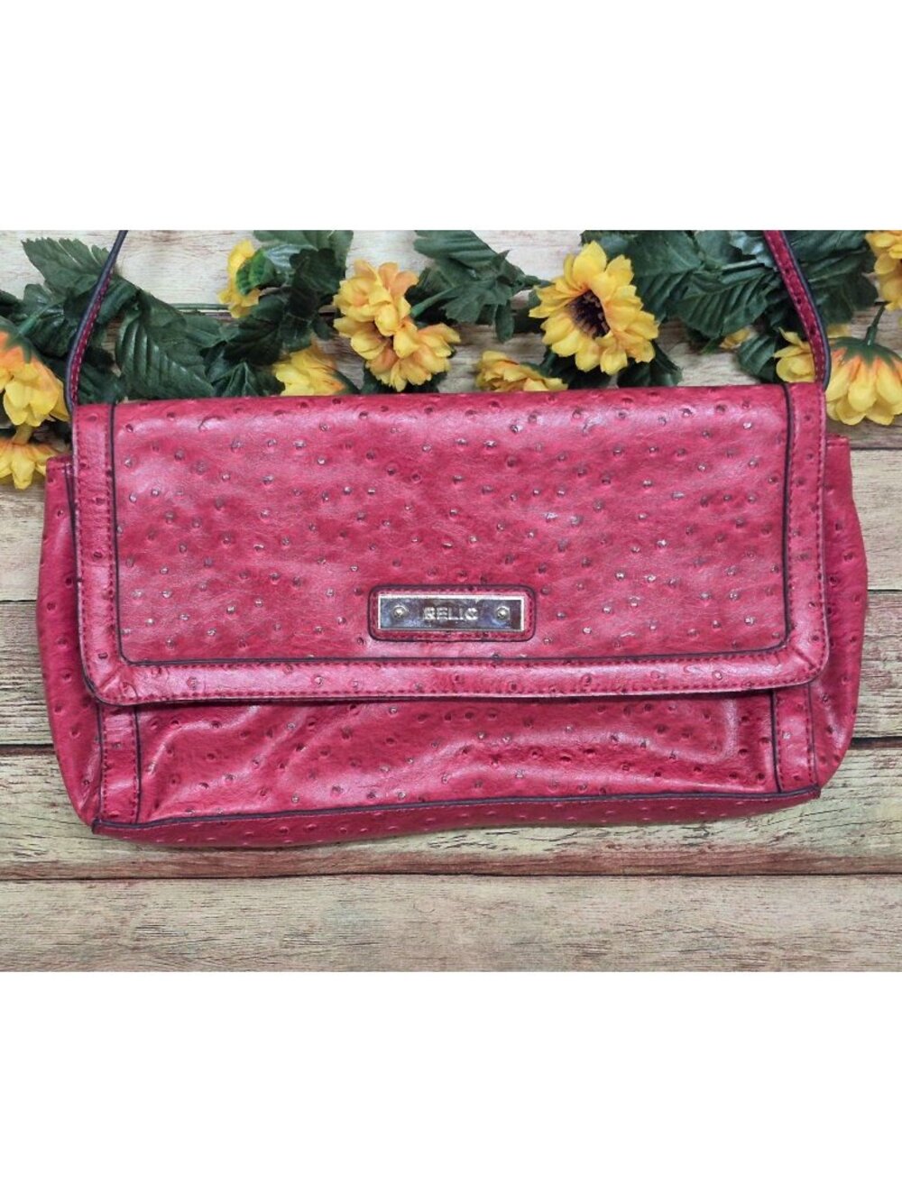 RELIC Fossil Hot Pink Ostrich Faux Vegan Leather Shoulder Bag Clutch MINT